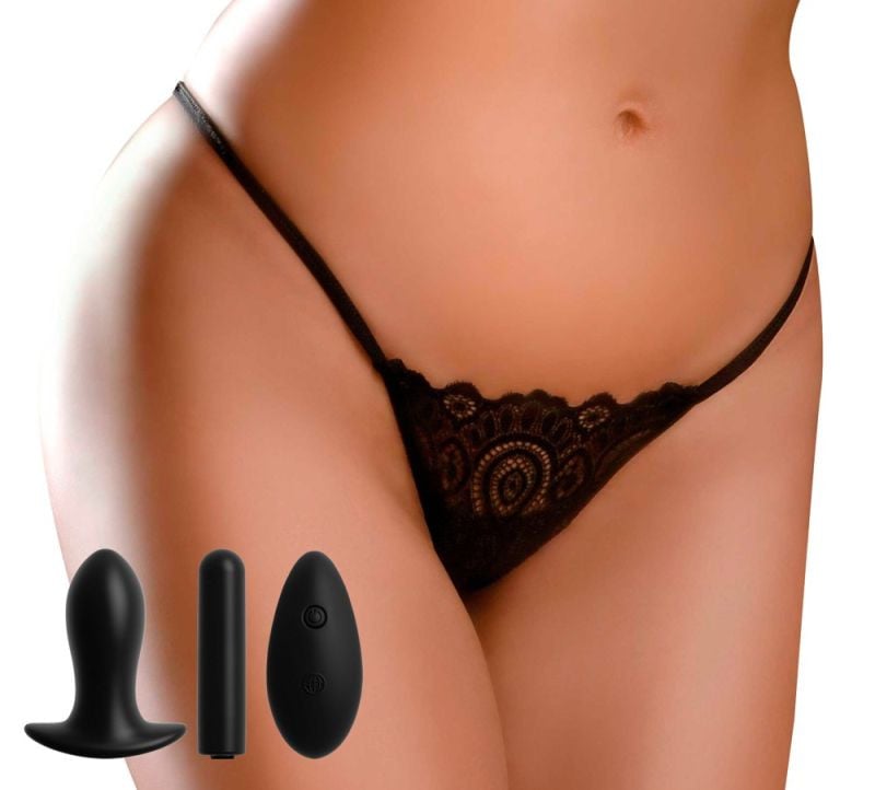 Slip din dantelă deschis in zona inghinala și vibro-glont Remote Lace Peek-a-Boo, black (S-L)