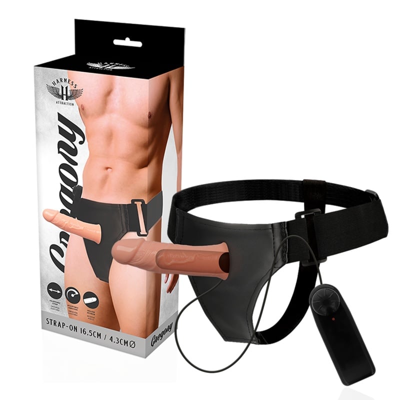 Strap-on cu prelungitor penis HARNESS ATTRACTION Gregory Hollow cu Vibrator 16.5 cm x 4.3 cm