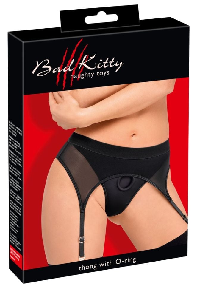 Tanga neagra cu jartiere Strap-on thong with suspenders, Bad Kitty - M