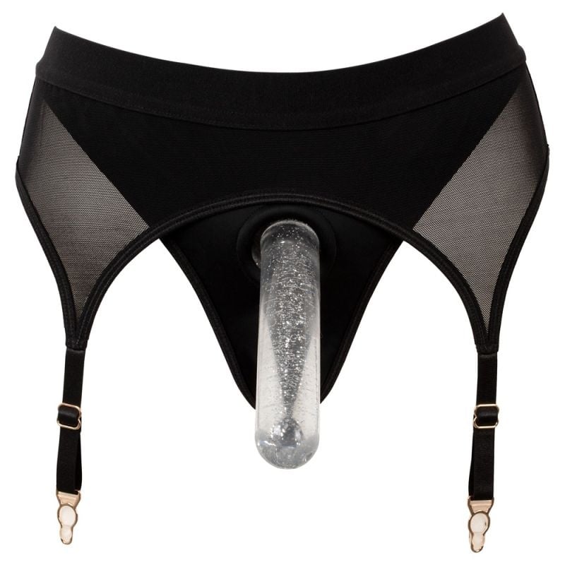 Tanga neagra cu jartiere Strap-on thong with suspenders, Bad Kitty - XL