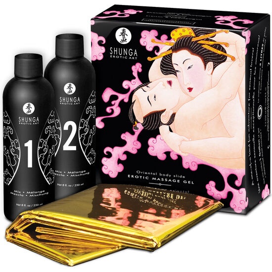 Kit masaj erotic pentru cupluri Shunga - Oriental Body to Body Erotic Massage Gel - Căpșuni și Cava