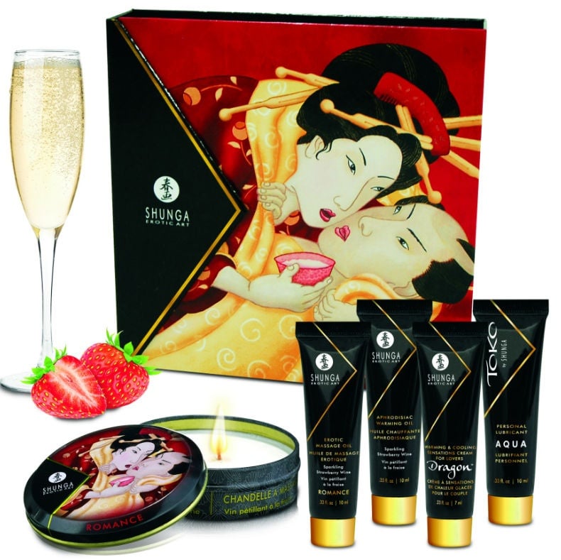 Kit masaj erotic pentru cupluri Shunga - Secret Geisha Strawberries and Cava Kit