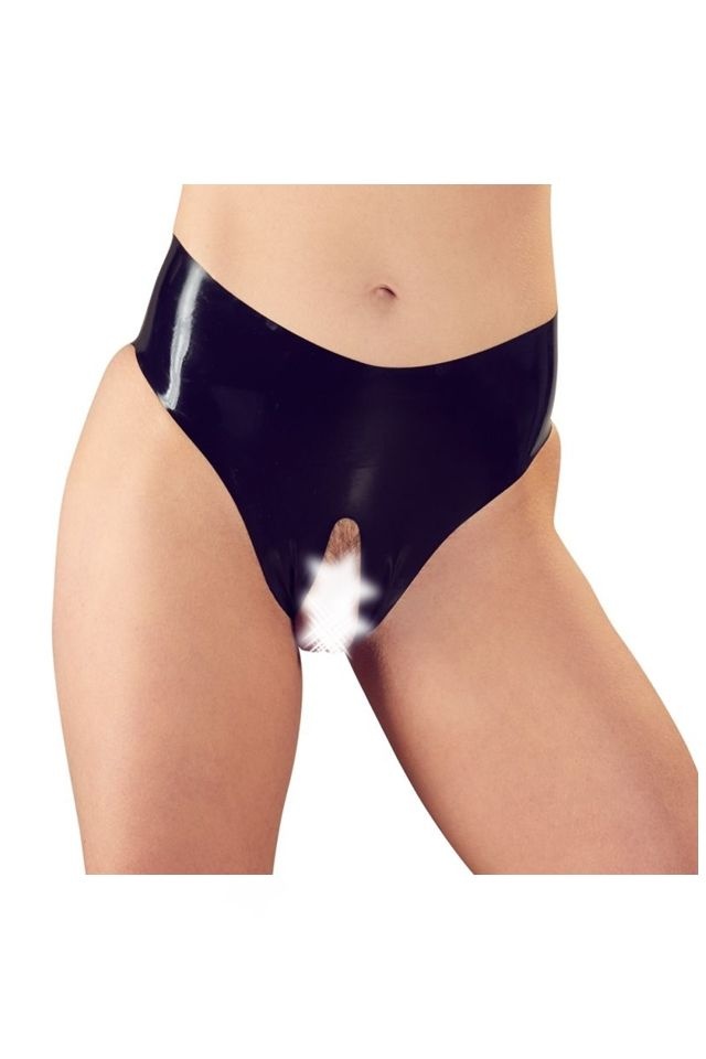 Slipi negri din latex, stransi pe piele, cu decupaj in zona intima , S/L