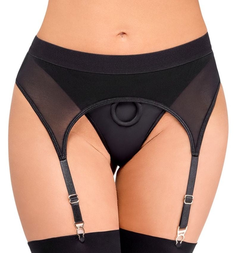 Tanga neagra cu jartiere Strap-on thong with suspenders, Bad Kitty - XL