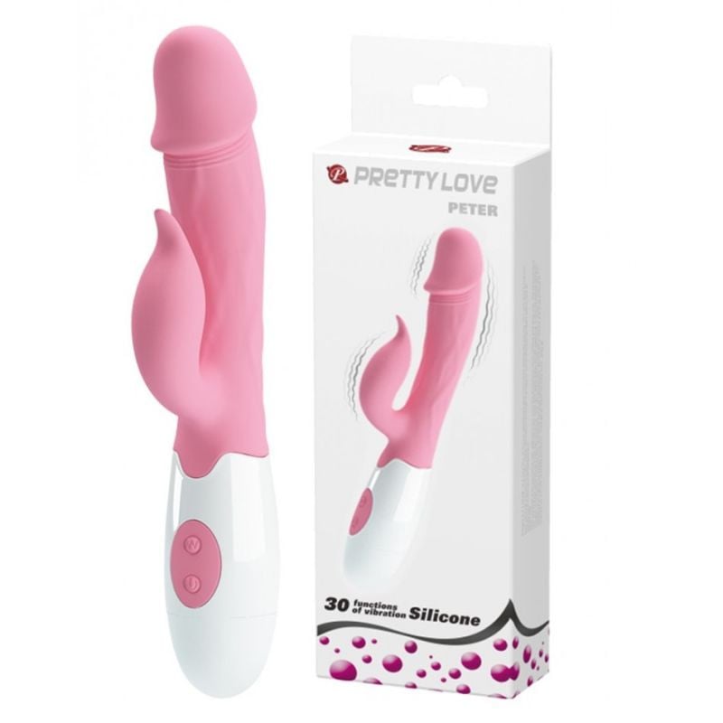 Vibrator rabbit din silicon cu cap realist si 30 de functii de vibratie Pretty Love Peter Vibrator Pink 19.2cm