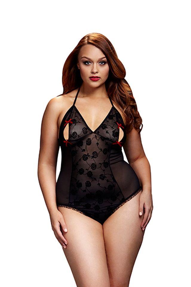 Body sexy negru cu model floral Peekaboo Teddy BACI - QS Queen Size