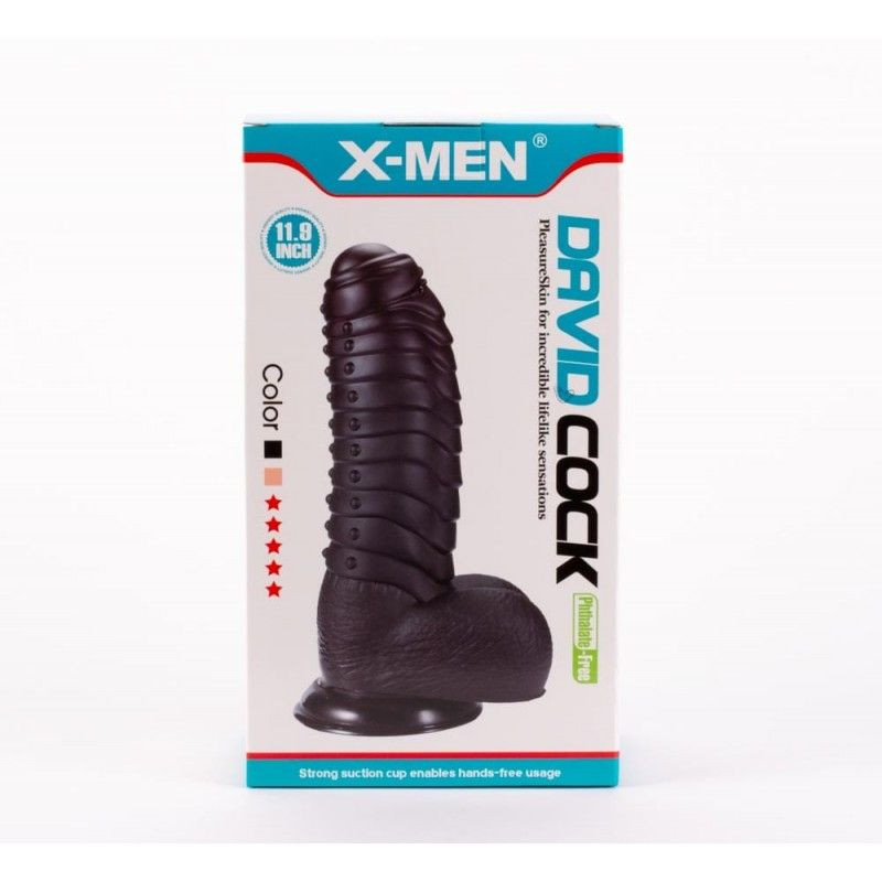 Dildo negru suprafata stimulatoare, cu testicule si ventuza X-MEN David\'s 11.9" Cock Black (27cm)