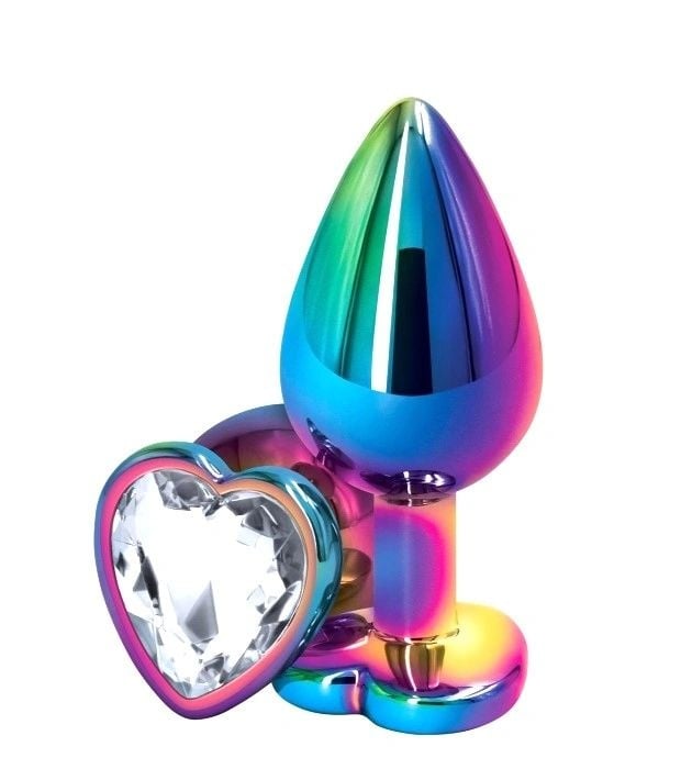 Dop anal Anal Plug Rainbow Decorat cu o piatra in forma de inima , Heart Shape, Clear Crystal