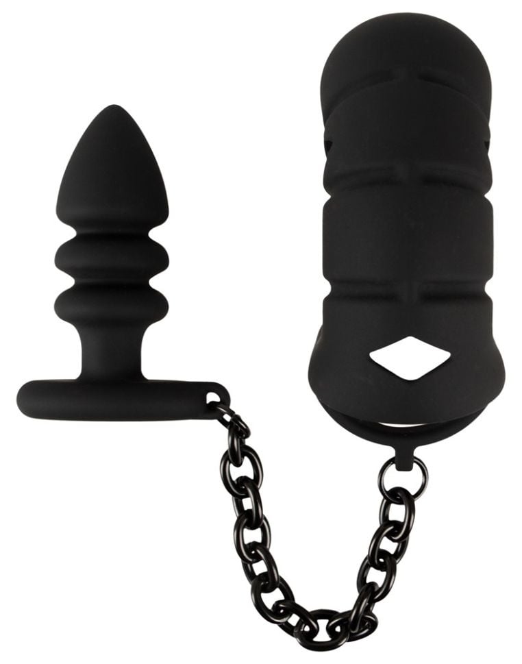 Inel cu bile, cușcă pentru penis și plug anal Cock cage with butt plug - 1 | YEO