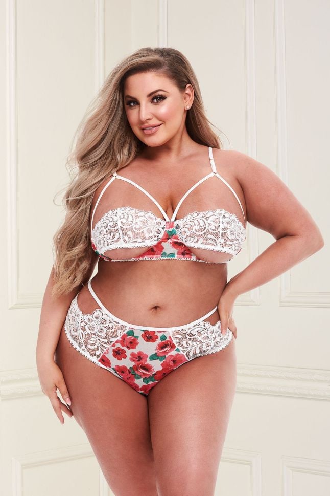 White Floral & Lace Bra Set, Baci, Plus Size