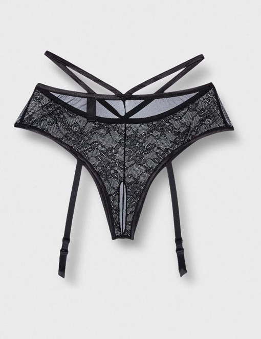 Chilotei negri din dantela florala si tul fin cu barete subtiri pe solduri G-String 2484, black - M/L - Img 2