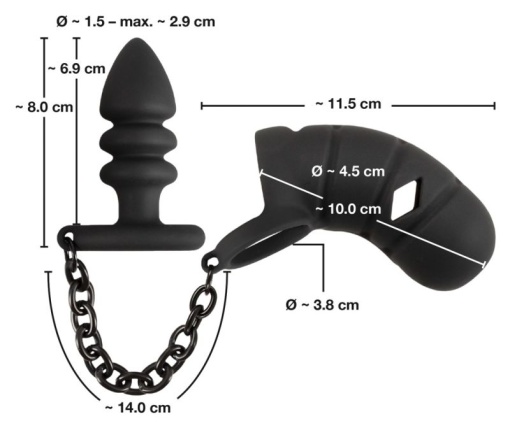 Inel cu bile, cușcă pentru penis și plug anal Cock cage with butt plug - Img 5