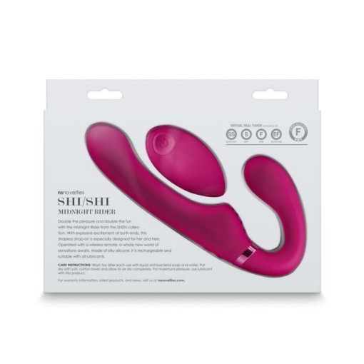 Strap-on cu vibratii, fara hamuri, fabricat din silicon, prevazut cu telecomanda Shi/Shi - Midnight Rider - Pink - Img 4