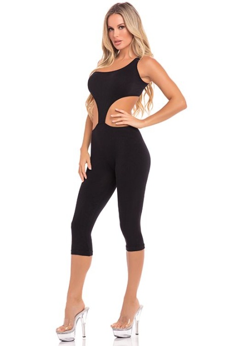 ONE SHOULDER CROPPED CATSUIT BLACK, Pink Lipstick - M/L - Img 2