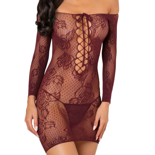 Rochie sexy din plasa cu motive florale cu maneci lung rosu-bordeaux RENE ROFE - OS - Img 3