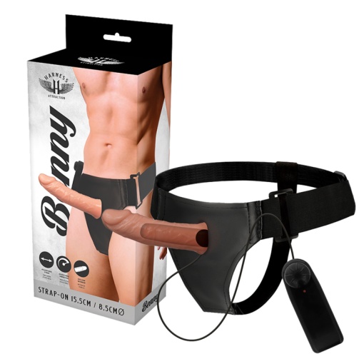 Strap-on cu prelungitor penis HARNESS ATTRACTION - Benny Hollow Harness cu Vibratii 15 cm x 4.5 cm - Img 7