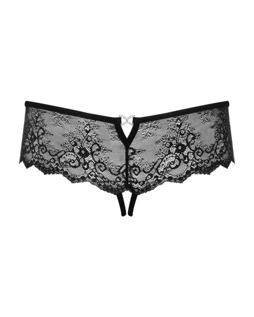 Chilot tanga din dantela elastica cu decupaj inghinal Merossa crotchless panties, black - S/M - Img 2