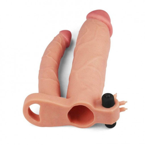 Prelungitor penis cu stimulator anal Add 3" Vibrating Double Penis Sleeve 21cm/17cm - Img 2