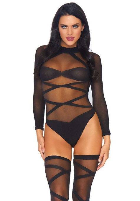 2 pc Opaque Sheer Criss Cross Bodysuit And Matching, Black - O/S - Img 3