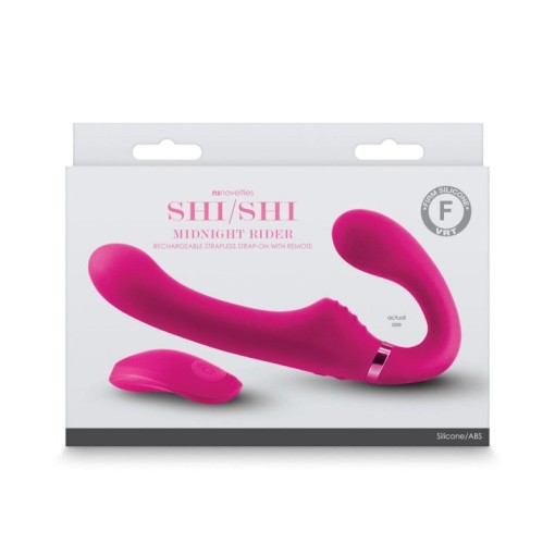 Strap-on cu vibratii, fara hamuri, fabricat din silicon, prevazut cu telecomanda Shi/Shi - Midnight Rider - Pink - Img 2
