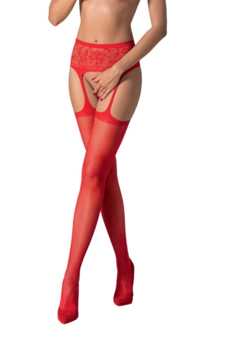 Ciorapi din plasa si model floral, cu aspect de portjartier Passion S028 rosu - S/L - Img 3