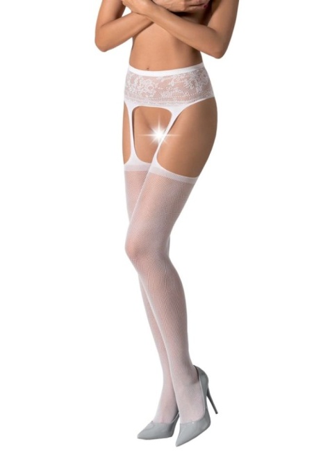Ciorapi din plasa si model floral, cu aspect de portjartier Passion S028 alb - S/L - Img 4