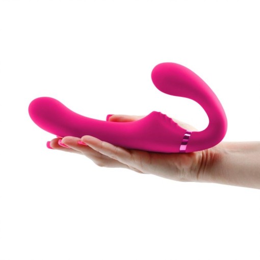 Strap-on cu vibratii, fara hamuri, fabricat din silicon, prevazut cu telecomanda Shi/Shi - Midnight Rider - Pink - Img 3