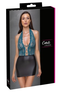 Rochie scurta, stransa, cu top cu decolteu din dantela si aspect de doua piese, Cottelli Lingerie - S