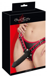 Ham cu curele Bad Kitty cu 3 cu dildouri din silicon Strap-On Harness, L/XL