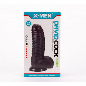 Dildo negru suprafata stimulatoare, cu testicule si ventuza X-MEN David's 11.9" Cock Black (27cm)