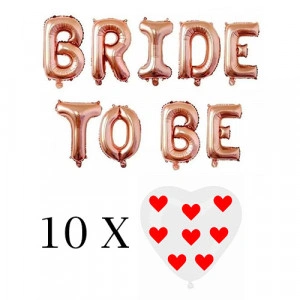 Baloane litere Bride To Be Rose Gold si 10 inimioare
