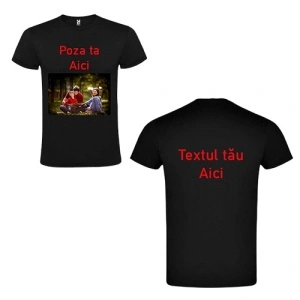 Tricou negru personalizat cu Poza dorita pe fata si Text pe spate
