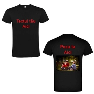 Tricou personalizat negru cu Text dorit pe fata si Poza pe spate