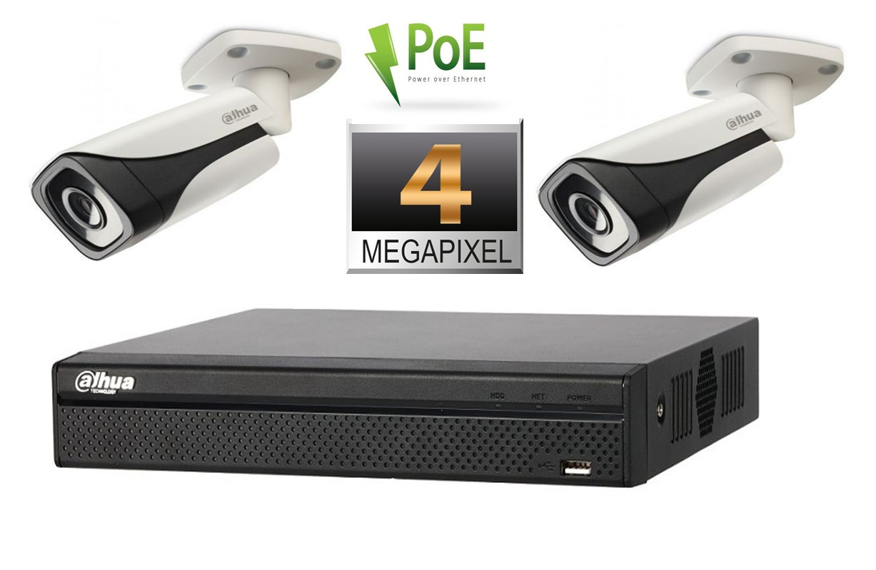 Kit profesional de video POE 2 camere IP Dahua 4MP, IR 30m cu NVR Dahua 4 canale 6MP