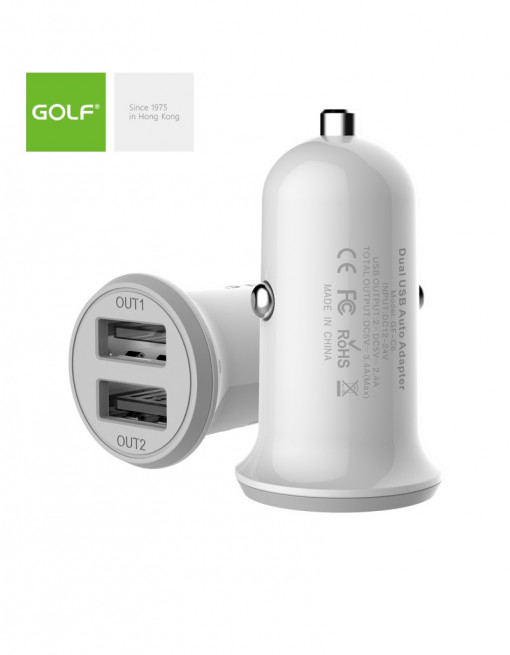 Alimentator (Incarcator) de la auto (12-24V) la 2 x USB 2x2,4A maxim 3,4A WHITE GF-C6 blister Golf - EOL