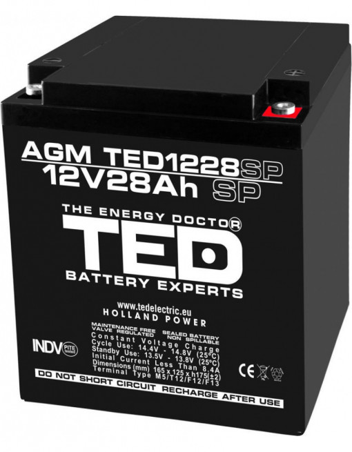 Acumulator AGM VRLA 12V 28A dimensiuni speciale 165mm x 125mm x h 175mm M6 TED Battery Expert Holland TED003430 (1)
