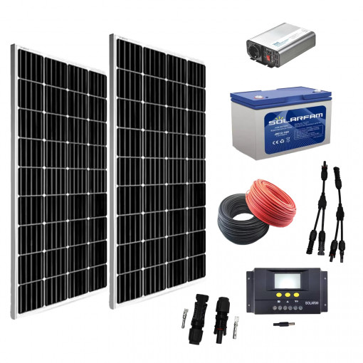 Kit sistem fotovoltaic complet 340w off grid cu invertor 300w la 220v si Acumulator 12V 100 Ah Rebel Power