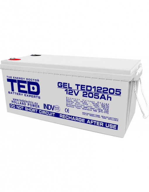 Acumulator AGM VRLA 12V 205A GEL Deep Cycle 525mm x 243mm x h 220mm M8 TED Battery Expert Holland TED003522 (1)