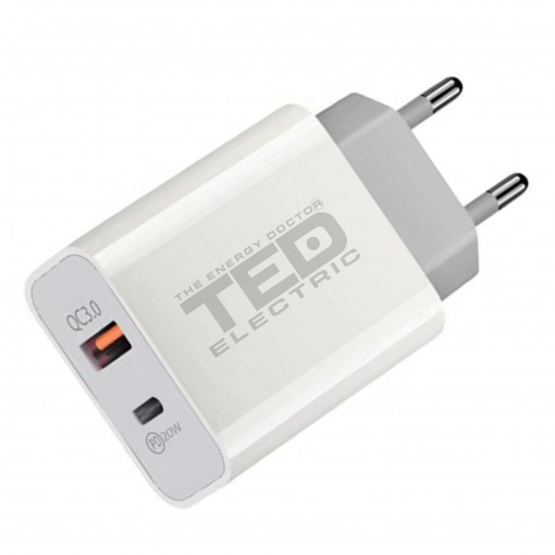 Alimentator (Incarcator) de la retea (230V) la 2 x USB Fast Charge : USB-A 3.0 + USB Type-C PD 18w black TED600403