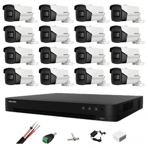 Sistem de supraveghere video 16 Camere Hikvision 4 in 1, 8MP, lentila 3.6mm, IR 80m, DVR 16 canale 4K, accesorii