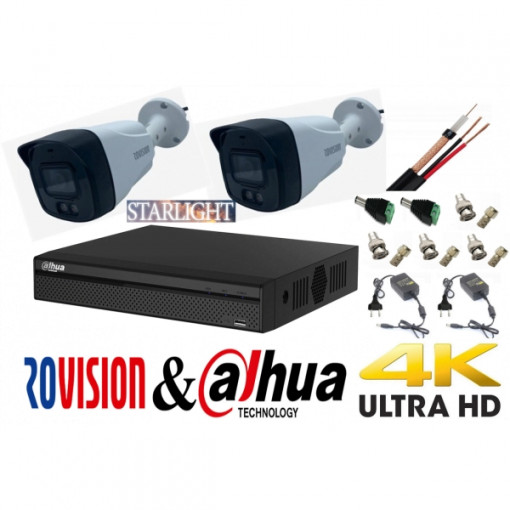 Sistem supraveghere profesional 2 camere 8MP 4K ultra hd, IR80m, microfon incorporat