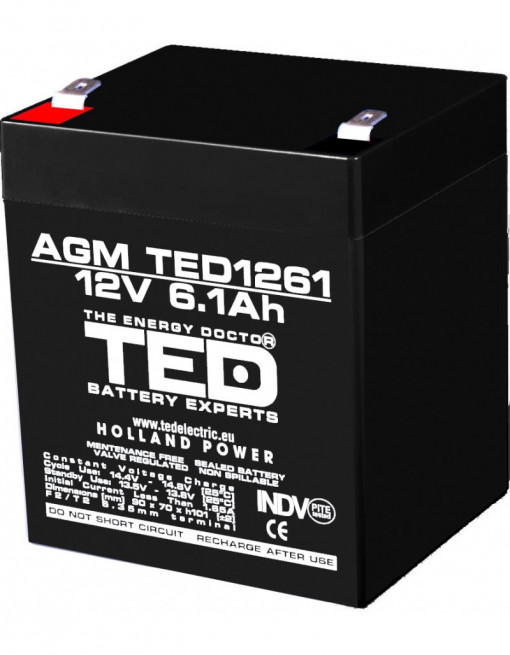 Acumulator AGM VRLA 12V 6,1A dimensiuni 90mm x 70mm x h 98mm F2 TED Battery Expert Holland TED003171 (10)