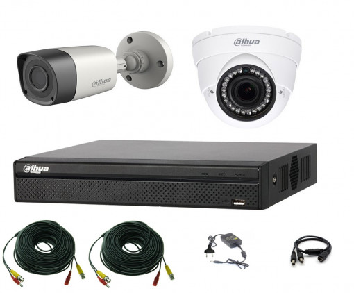 Sistem supraveghere video profesional Dahua HDCVI mixt, 2 camere 2MP IR Smart 20m cu DVR DAHUA 4 canale, accesorii, live internet