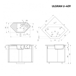 Ugaona granitna sudopera Ulgran U-409 – 97x50 cm, Čisto crna - Img 2