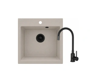 Bež granitna sudopera Valterra NIKO 490 I 49×49 cm + crna FLEXY slavina + crni sifon+ Besplatna Postarina
