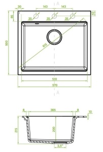 Granitna sudopera Valterra NIKO 570 u sivoj boji /570x500 mm - Img 2