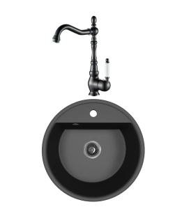 Set Crna okrugla granitna sudopera F510 mm sa crnom retro slavinom