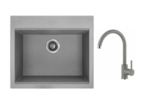 Set Valterra NIKO 570 – siva granitna sudopera 570x500 mm sa sivom lučnom slavinom