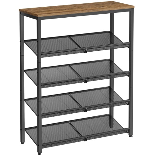 VASAGLE Raft de pantofi, 5 nivele reglabile din plasa, pentru 12-16 perechi, 75x30x93 cm, maro rustic