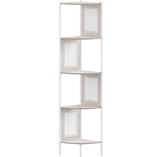 VASAGLE Raft de colt boho, cadru metalic, polite MDF si panouri poliratan, 32x32x156cm, alb